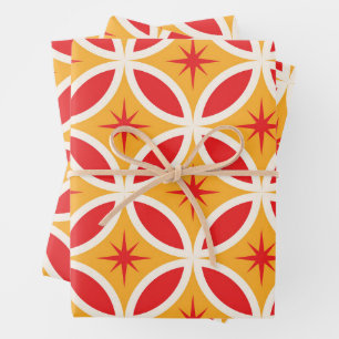 Mid Century Retro Starbursts on Geometric Circles Wrapping Paper Sheets