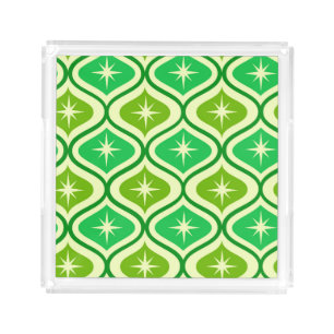 Mid Century Retro Starbursts On Green Ogee Pattern Acrylic Tray