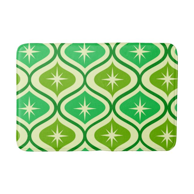 Mid Century Retro Starbursts On Green Ogee Pattern Bath Mat (Front)
