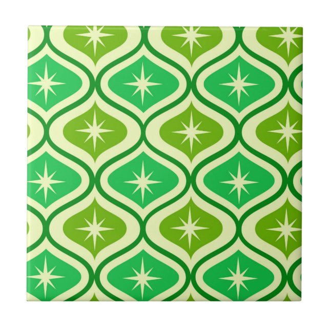 Mid Century Retro Starbursts On Green Ogee Pattern Ceramic Tile (Front)