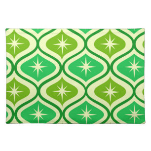 Mid Century Retro Starbursts On Green Ogee Pattern Cloth Placemat