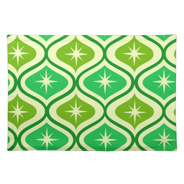 Mid Century Retro Starbursts On Green Ogee Pattern Cloth Placemat (Front)