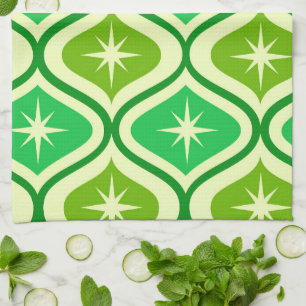 Mid Century Retro Starbursts On Green Ogee Pattern Kitchen Towel