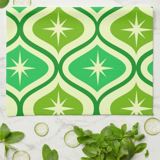 Mid Century Retro Starbursts On Green Ogee Pattern Kitchen Towel (Folded)