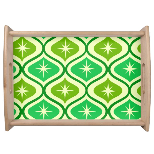 Mid Century Retro Starbursts On Green Ogee Pattern Serving Tray (Front)