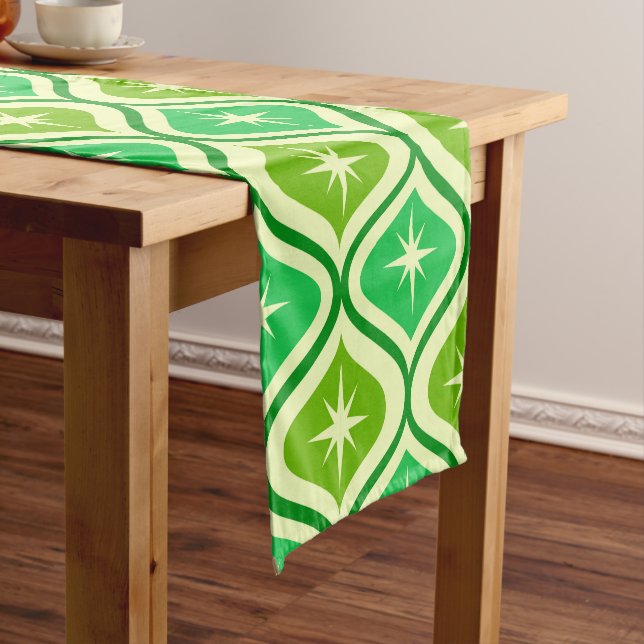Mid Century Retro Starbursts On Green Ogee Pattern Short Table Runner (In Situ)