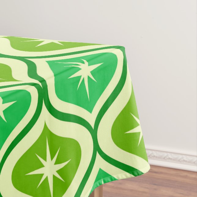 Mid Century Retro Starbursts On Green Ogee Pattern Tablecloth (In Situ)