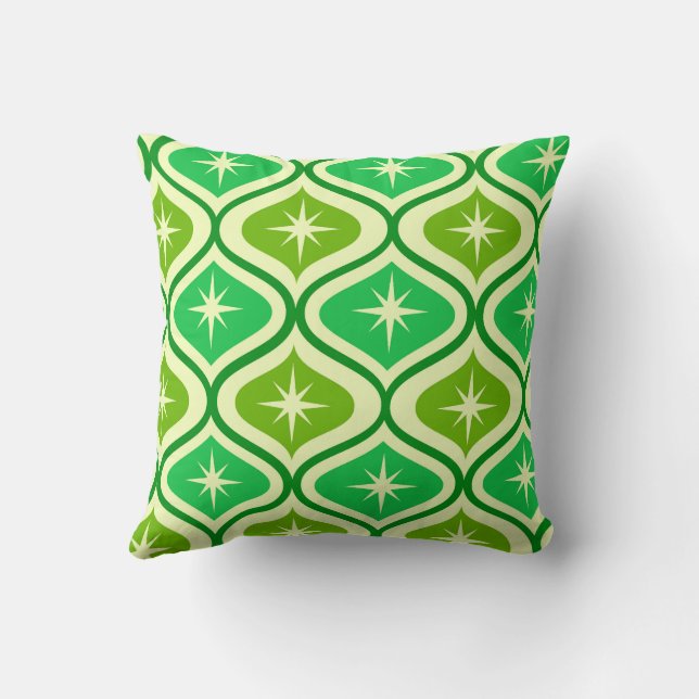 Mid Century Retro Starbursts On Green Ogee Pattern Throw Pillow (Back)