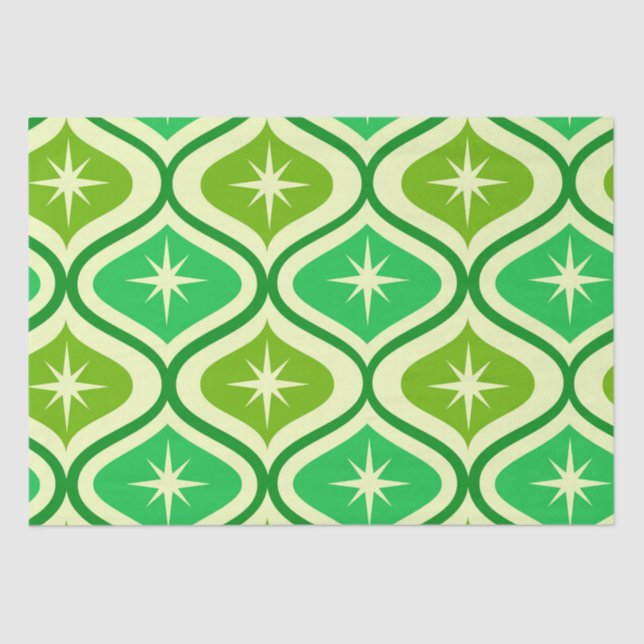 Mid Century Retro Starbursts On Green Ogee Pattern Tissue Paper (Front)