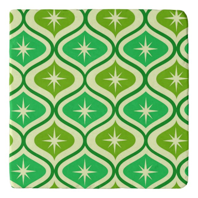 Mid Century Retro Starbursts On Green Ogee Pattern Trivet (Front)