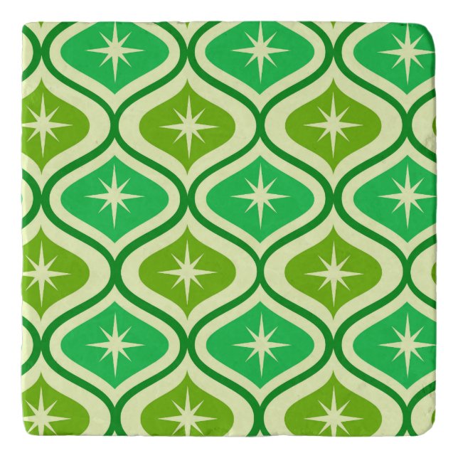 Mid Century Retro Starbursts On Green Ogee Pattern Trivet (Front)