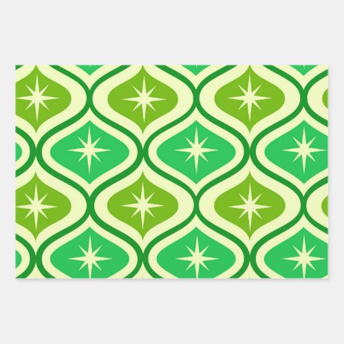 Mid Century Retro Starbursts On Green Ogee Pattern Wrapping Paper Sheets