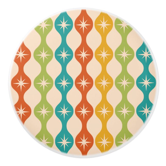 Mid Century Retro Starbursts on ogee pattern    Ceramic Knob (Front)