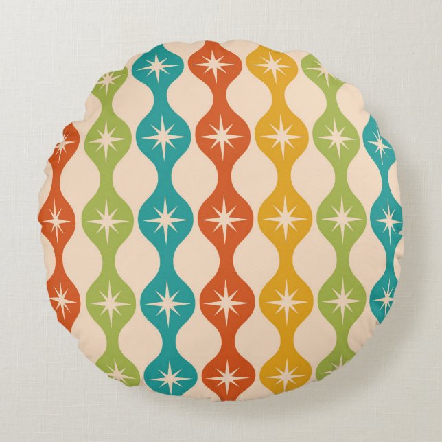Mid Century Retro Starbursts on ogee pattern  Round Pillow (Front)