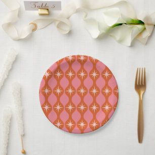 Mid Century Retro Starbursts on Orange Pink Ogee  Paper Plates