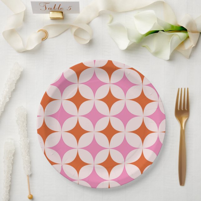 Mid Century Retro Starbursts Pattern Orange Pink  Paper Plates (Wedding)