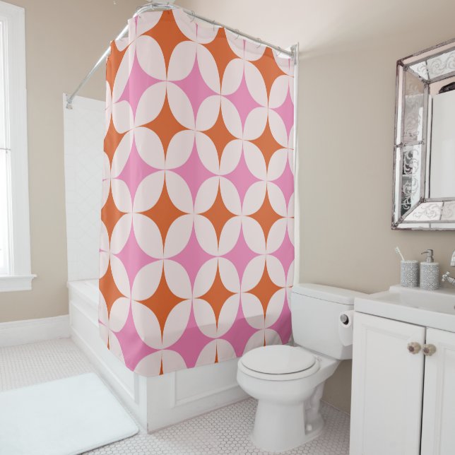 Mid Century Retro Starbursts Pattern Orange Pink  Shower Curtain (In Situ)