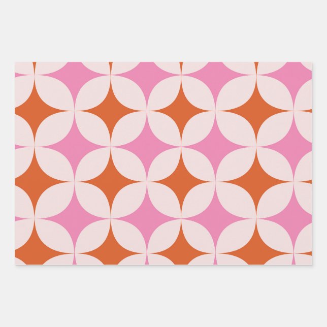 Mid Century Retro Starbursts Pattern Orange Pink  Wrapping Paper Sheets (Front)