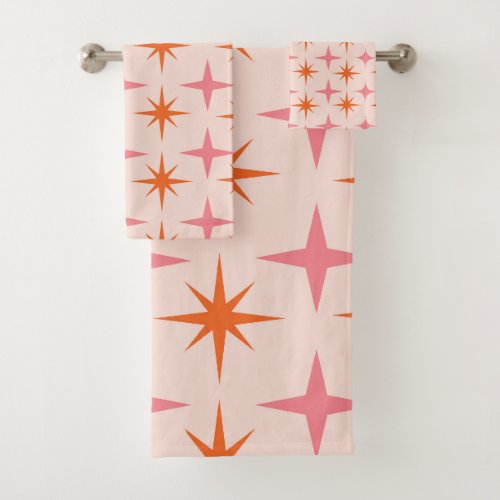 Mid Century Retro Starbursts Pattern Pink Orange  Bath Towel Set