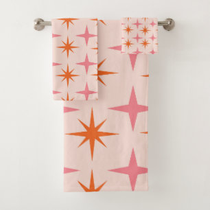 Mid Century Retro Starbursts Pattern Pink Orange Bath Towel Set