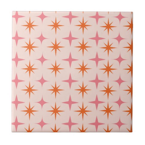 Mid Century Retro Starbursts Pattern Pink Orange  Ceramic Tile