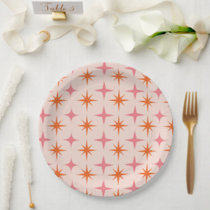 Mid Century Retro Starbursts Pattern Pink Orange  Paper Plates