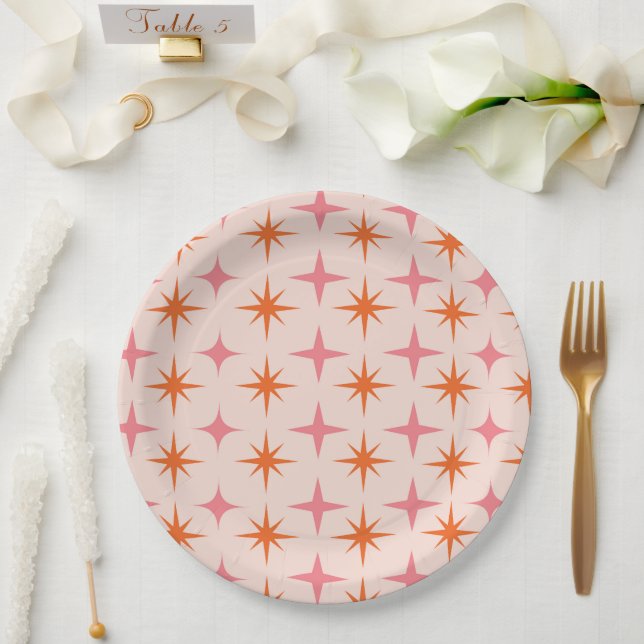 Mid Century Retro Starbursts Pattern Pink Orange  Paper Plates (Wedding)