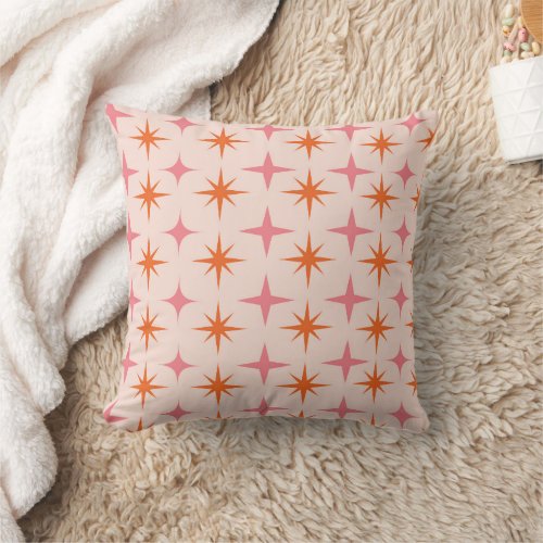 Mid Century Retro Starbursts Pattern Pink Orange  Throw Pillow