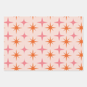 Mid Century Retro Starbursts Pattern pink orange Wrapping Paper Sheets