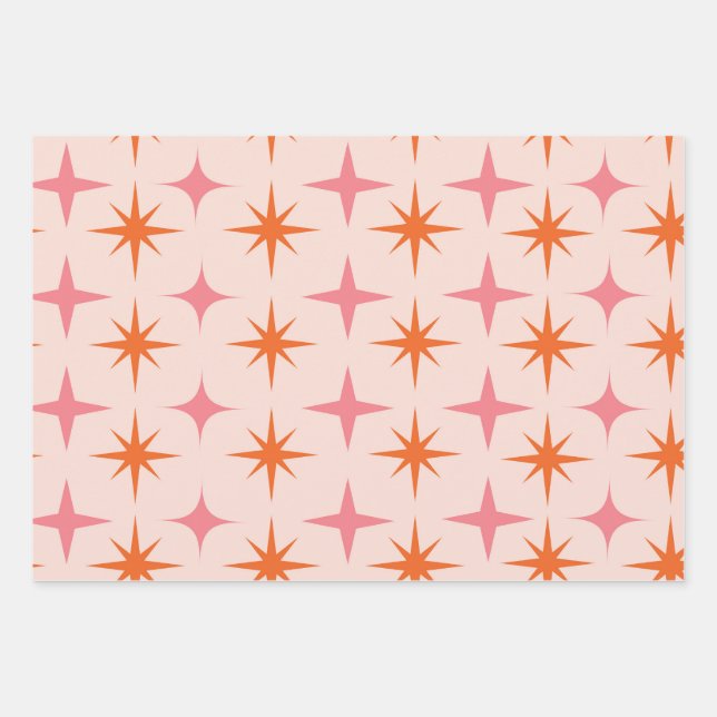 Mid Century Retro Starbursts Pattern pink orange  Wrapping Paper Sheets (Front)