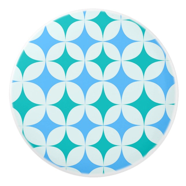 Mid Century Retro Starbursts Pattern Teal Blue Ceramic Knob (Front)