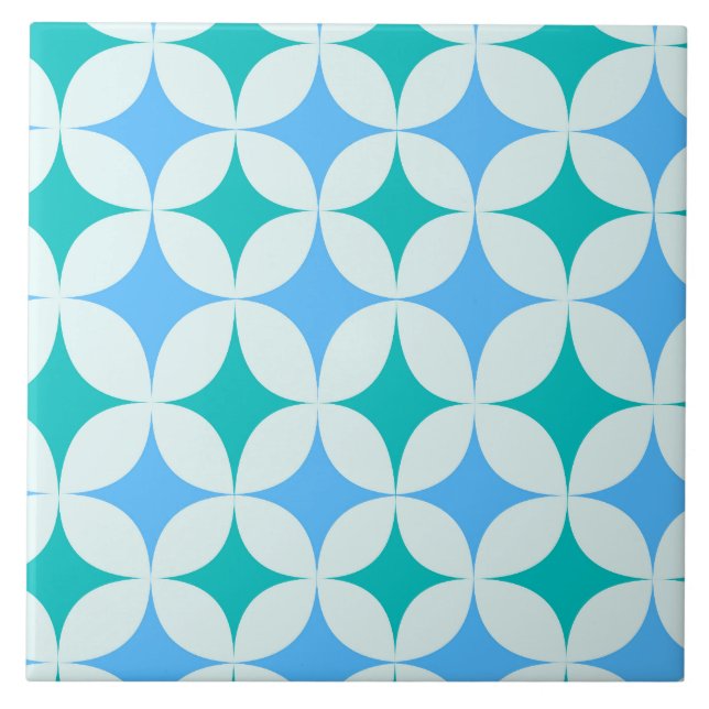 Mid Century Retro Starbursts Pattern Teal Blue Ceramic Tile (Front)