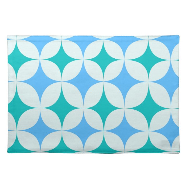 Mid Century Retro Starbursts Pattern Teal Blue Cloth Placemat (Front)