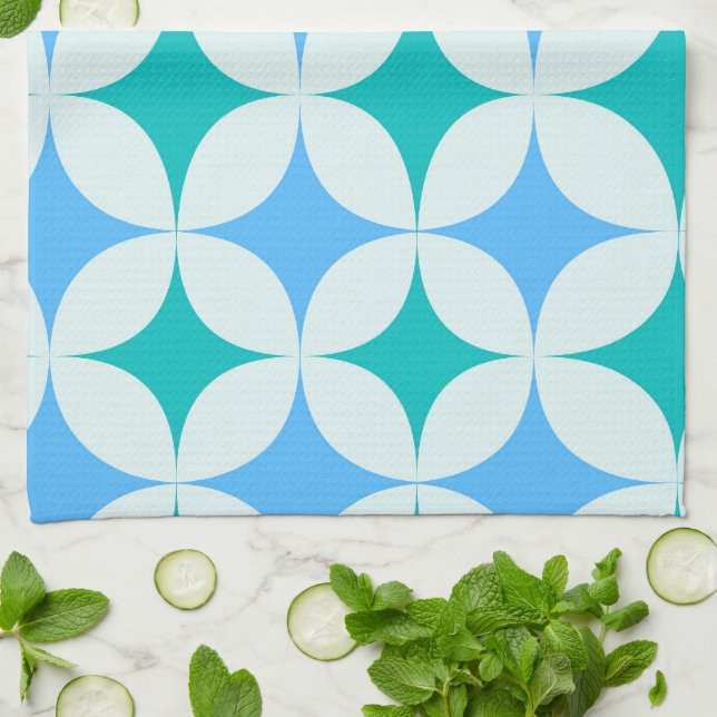 Mid Century Retro Starbursts Pattern Teal Blue Kitchen Towel (Folded)
