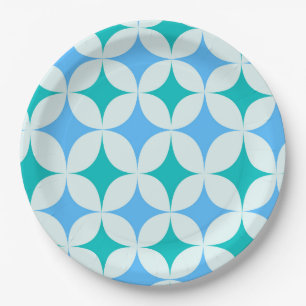 Mid Century Retro Starbursts Pattern Teal Blue Paper Plates