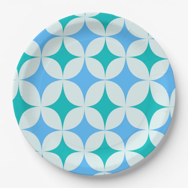 Mid Century Retro Starbursts Pattern Teal Blue Paper Plates (Front)