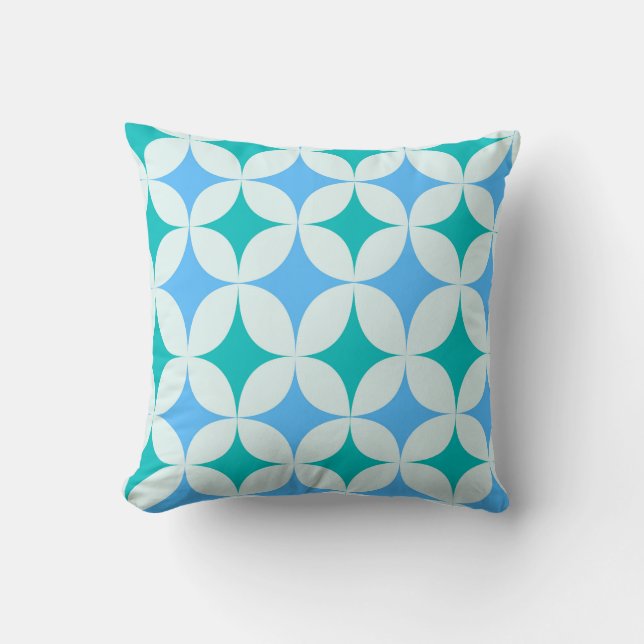 Mid Century Retro Starbursts Pattern Teal Blue Throw Pillow (Front)