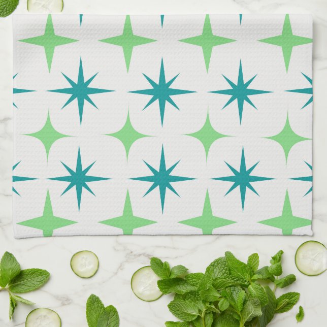 Mid Century Retro Starbursts Pattern teal green  Kitchen Towel (Folded)