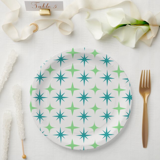 Mid Century Retro Starbursts Pattern teal green  Paper Plates (Wedding)