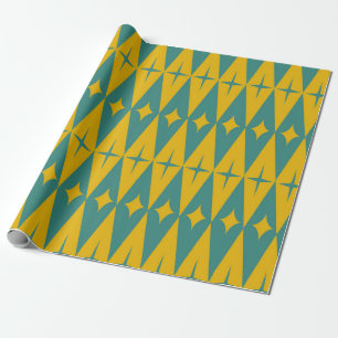 Mid Century Retro Stars on Teal Mustard Diamonds Wrapping Paper