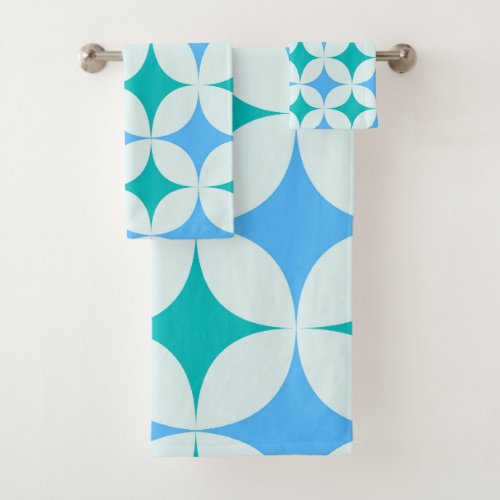 Mid Century Retro Starsbursts Pattern Teal Blue Bath Towel Set