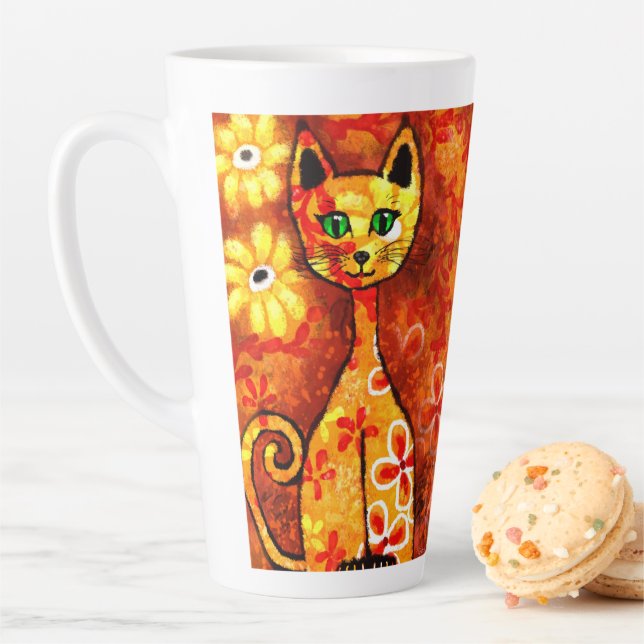 Mid-Century Retro Whimsical Cat Kitschcore Latte Mug (In Situ)
