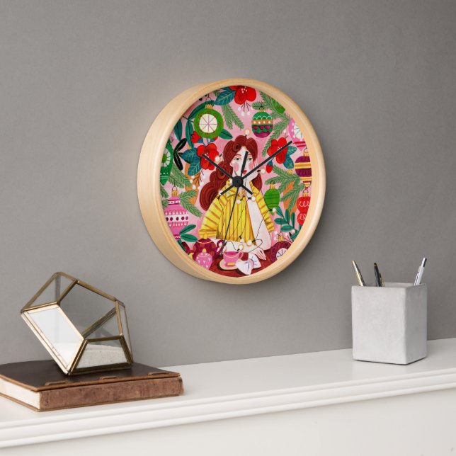 Mid Century Retro Woman Christmas Holiday  Clock (Office)