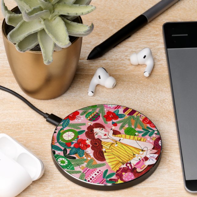 Mid Century Retro Woman Christmas Holiday Wireless Charger (Desk 2)