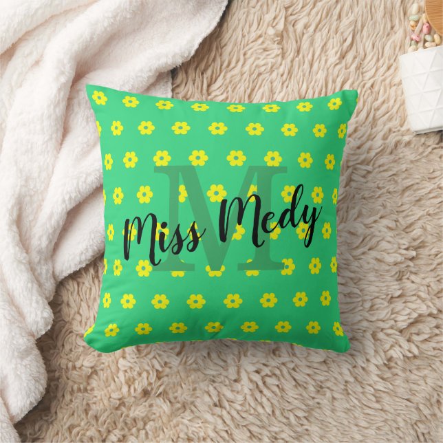 mid century retro yellow green floral Monogram Throw Pillow (Blanket)