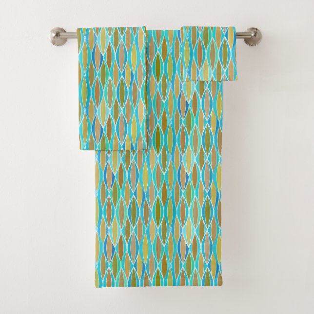 Mid-Century Ribbon Print, Blue, Turquoise and Tan  Bath Towel Set (Insitu)