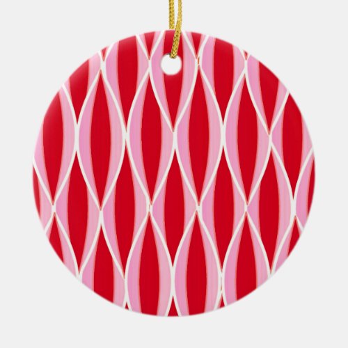 Mid_Century Ribbon Print Deep Coral Red and Pink Ceramic Ornament