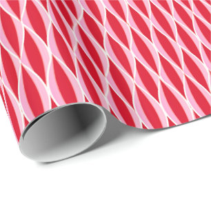 Mid-Century Ribbon Print, Deep Coral Red and Pink Wrapping Paper