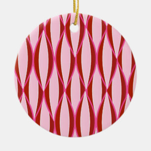 Mid-Century Ribbon Print - pink and burgundy Ceramic Ornament