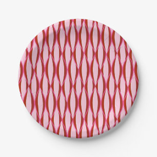 Mid-Century Ribbon Print - pink and burgundy Paper Plates